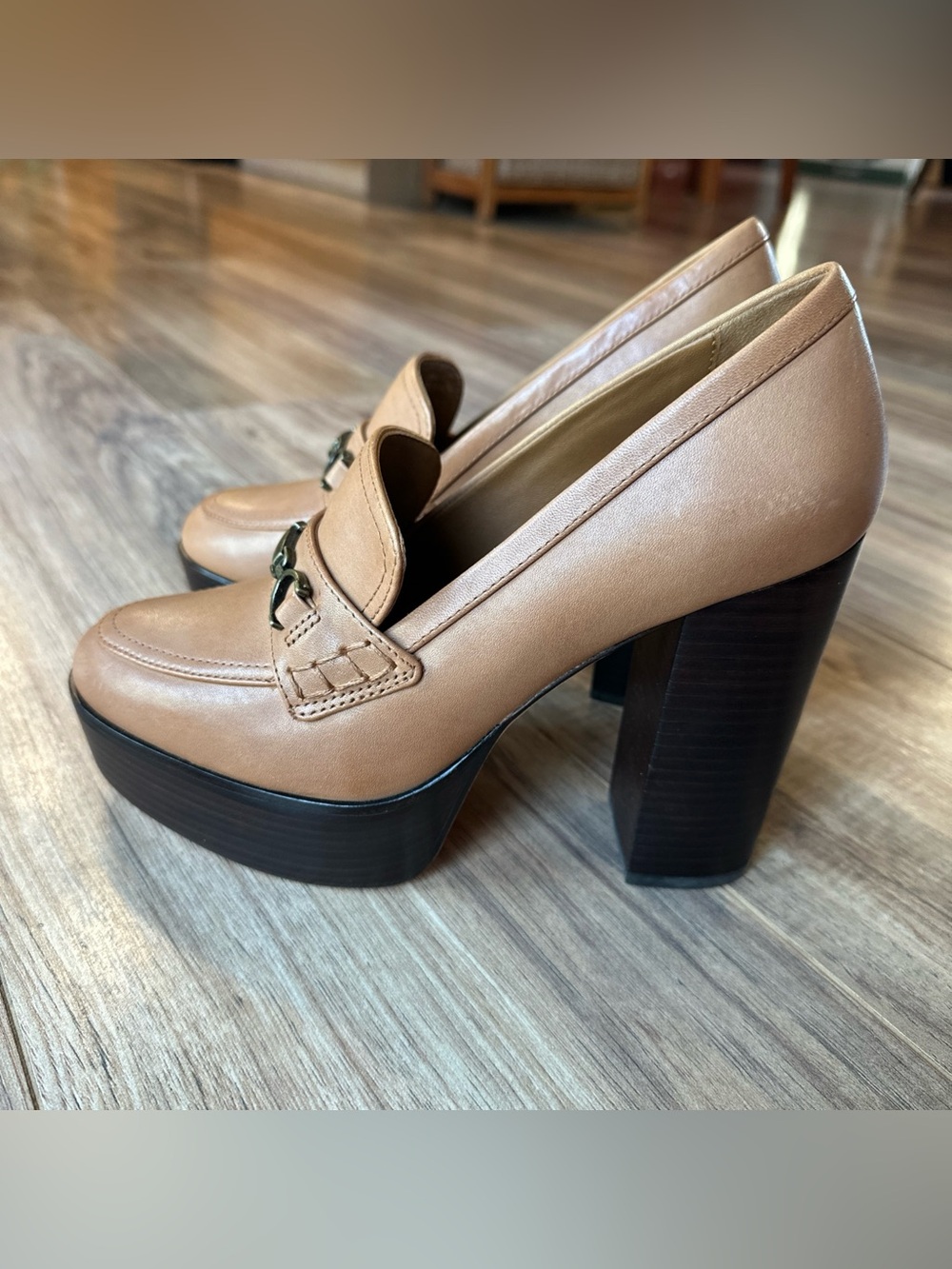 Paige Masha Bit Loafer Platform Pumps Heels Shoes Leather Cognac Brown Tan 7 EUC - Picture 2 of 6